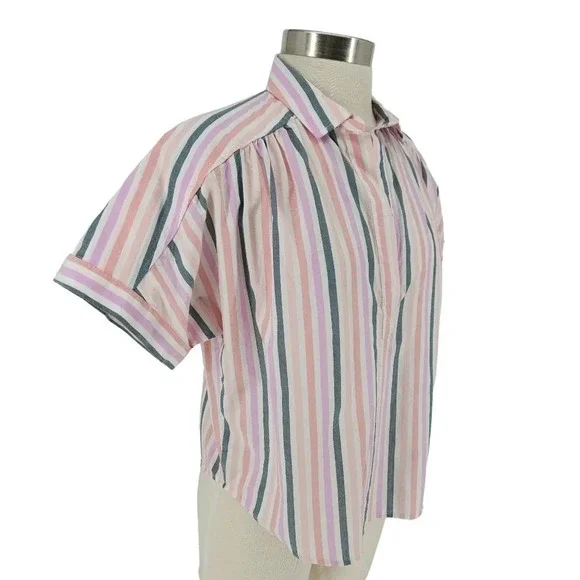 Universal Thread Shirt Striped Short Sleeve Boxy Collared V Neck Popover Top - Picture 2 of 7